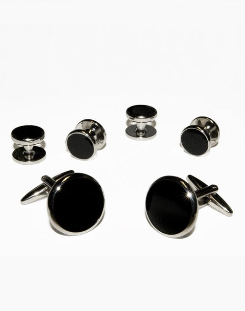 Black Circular Onyx with Gold or Silver Trim Studs and Cufflinks Set-1