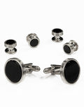 Black Circular Onyx with Silver Concentric Circles Studs and Cufflinks Set-0