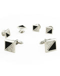 Black Onyx & Cubic Zirconia Triangles with Silver Edge Studs and Cufflinks Set-0