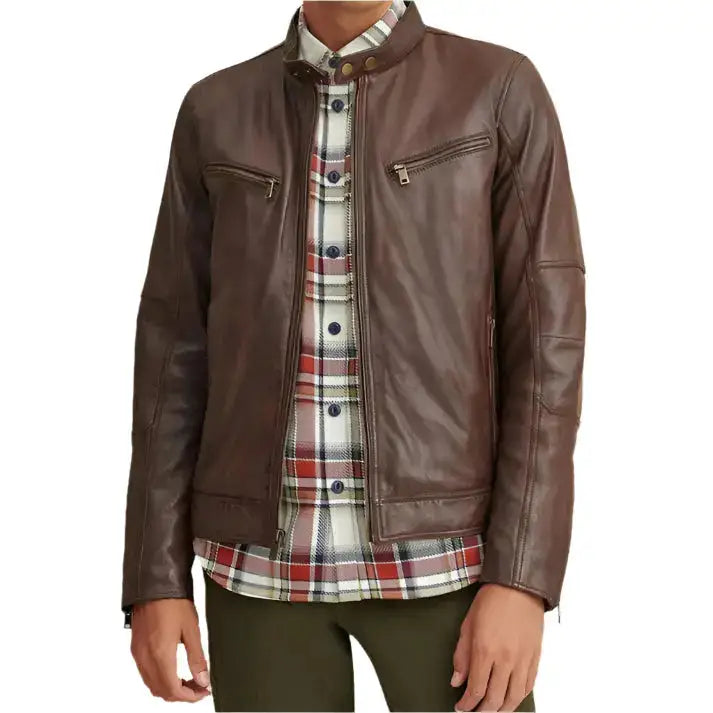 Men’s Brown Leather Moto Biker Jacket-0