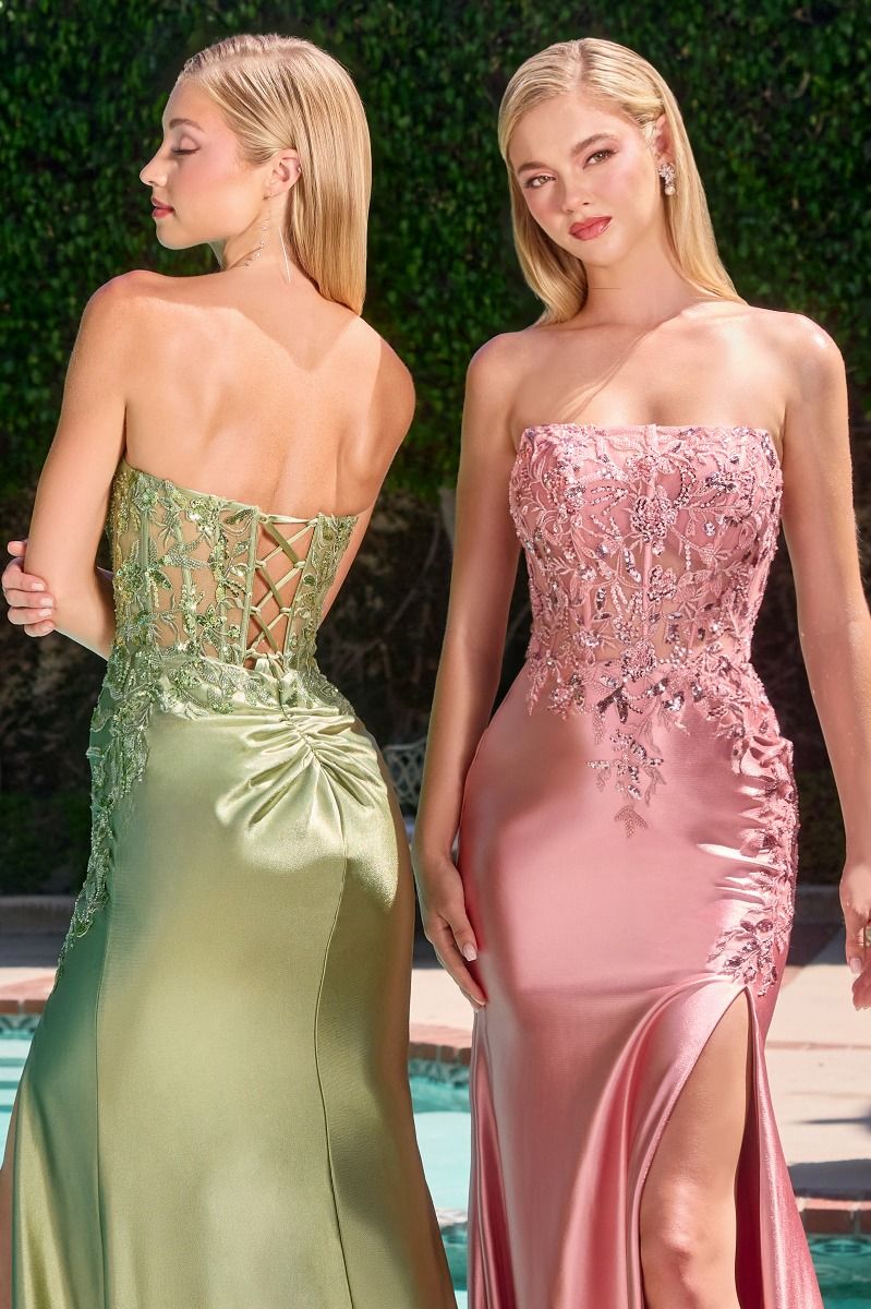Crystal Strapless Fitted Satin Dress-4