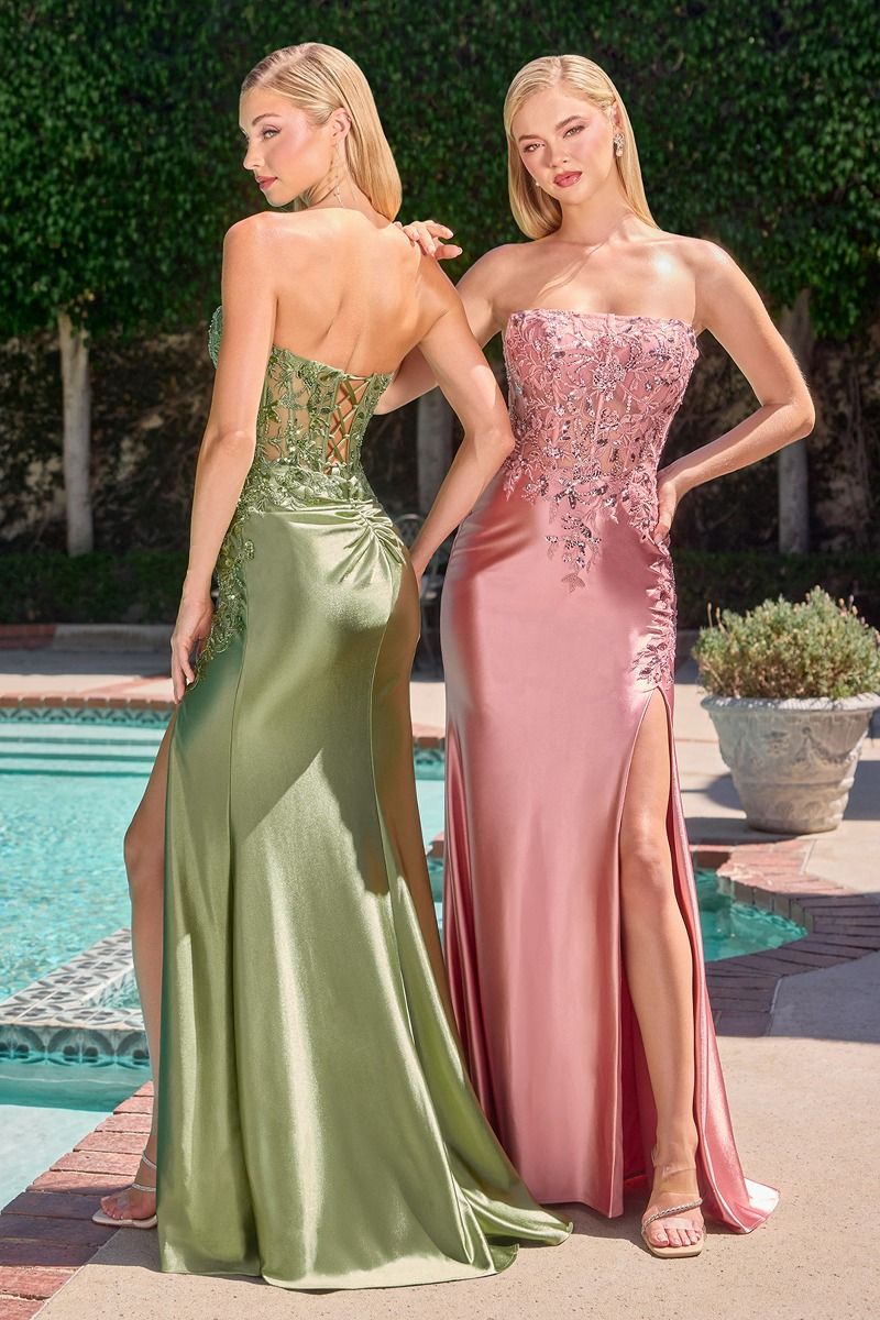 Crystal Strapless Fitted Satin Dress-7