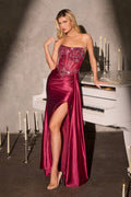 Illusion Mesh Beaded Corset Gown with Draped Satin Slit-4