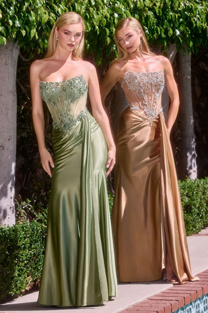 Illusion Mesh Beaded Corset Gown with Draped Satin Slit-6