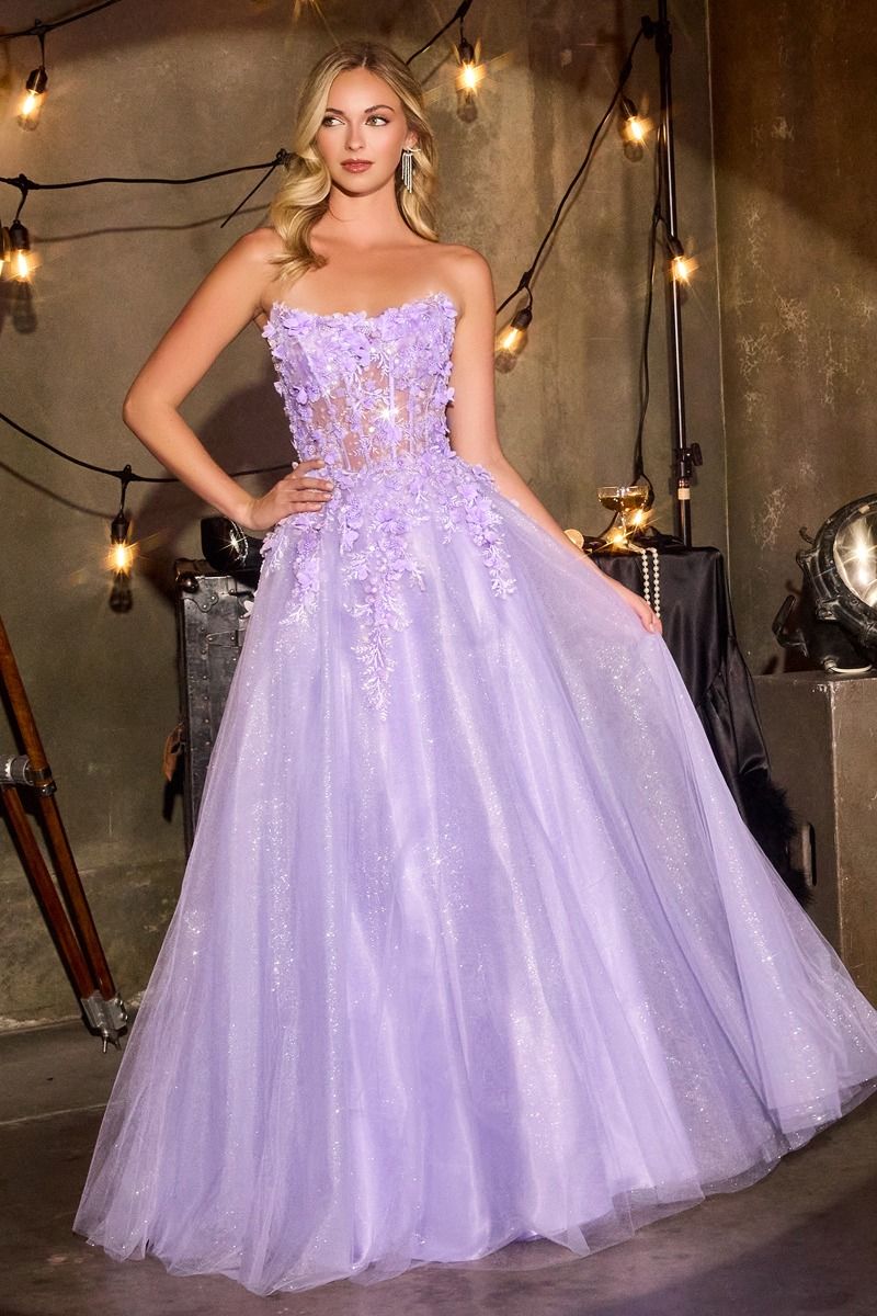 Floral Appliqué Scoop Neck Ball Gown with Shimmer Tulle Skirt-1