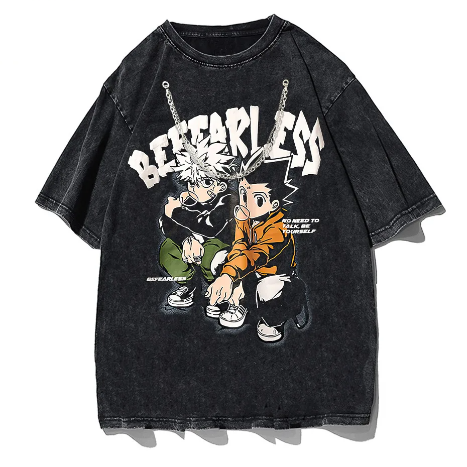 Men's Distressed Anime Graphic T-Shirt Hip Hop Harajuku Streetwear Cotton Oversized Tee-3