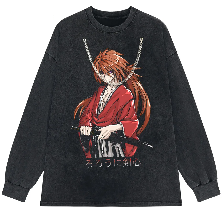 Rurouni Kenshin Washed Anime Graphic T-Shirt Men's Harajuku Streetwear Vintage Cotton Tee-3