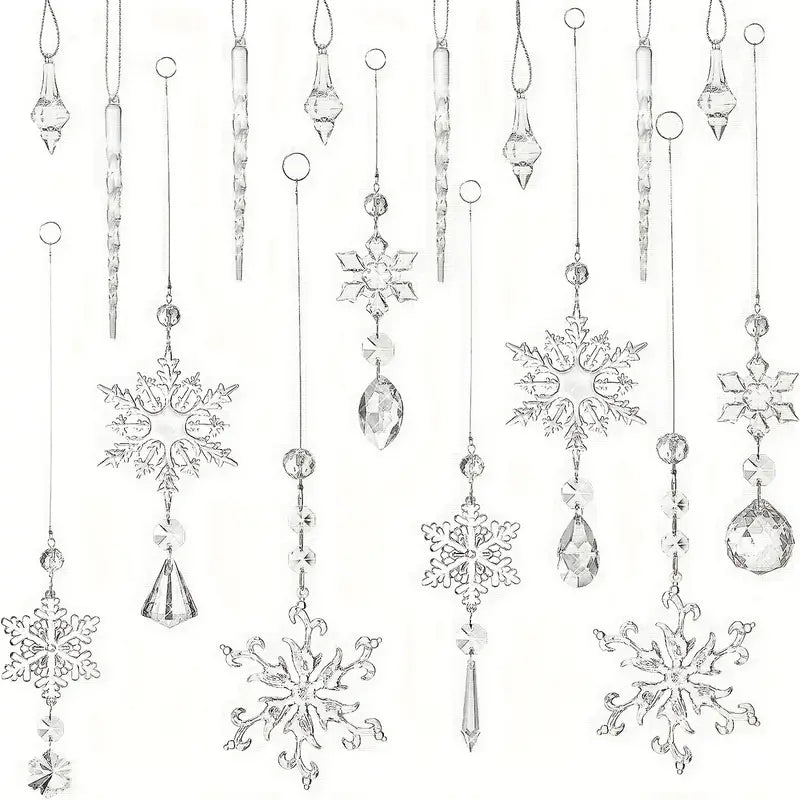Crystal Elegance: Set of 16 Transparent Christmas Snowflake Ornaments