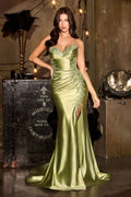 Ruched Satin Corset Gown With Floral Lace Detail-0