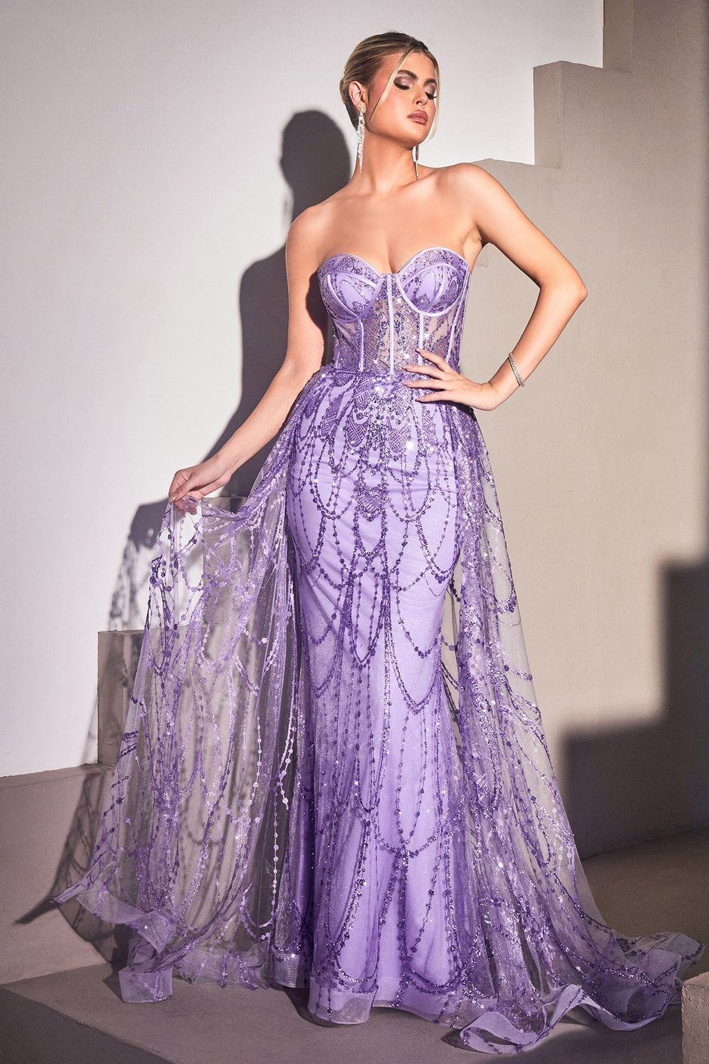 Strapless Lace Fitted Gown With Over Skirt-5