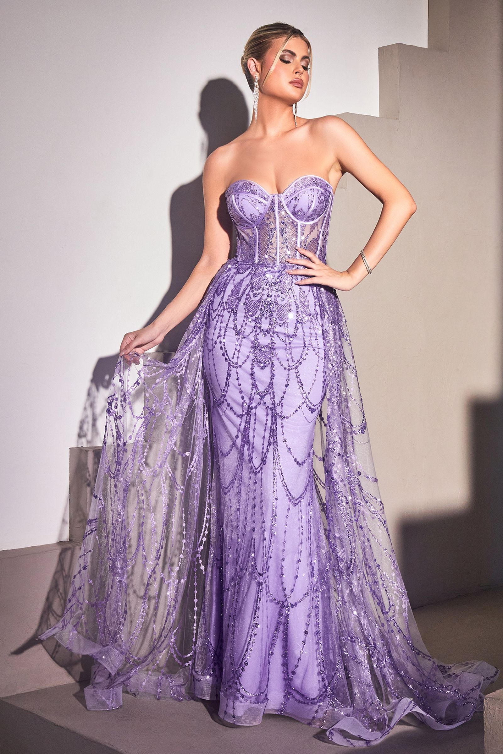 Strapless Lace Fitted Gown With Over Skirt-5