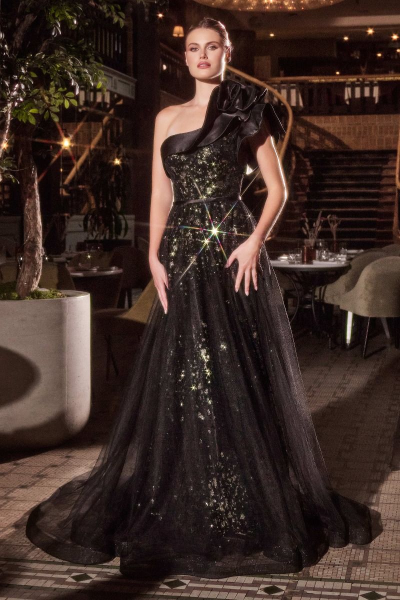 One Shoulder Black Ball Gown-3