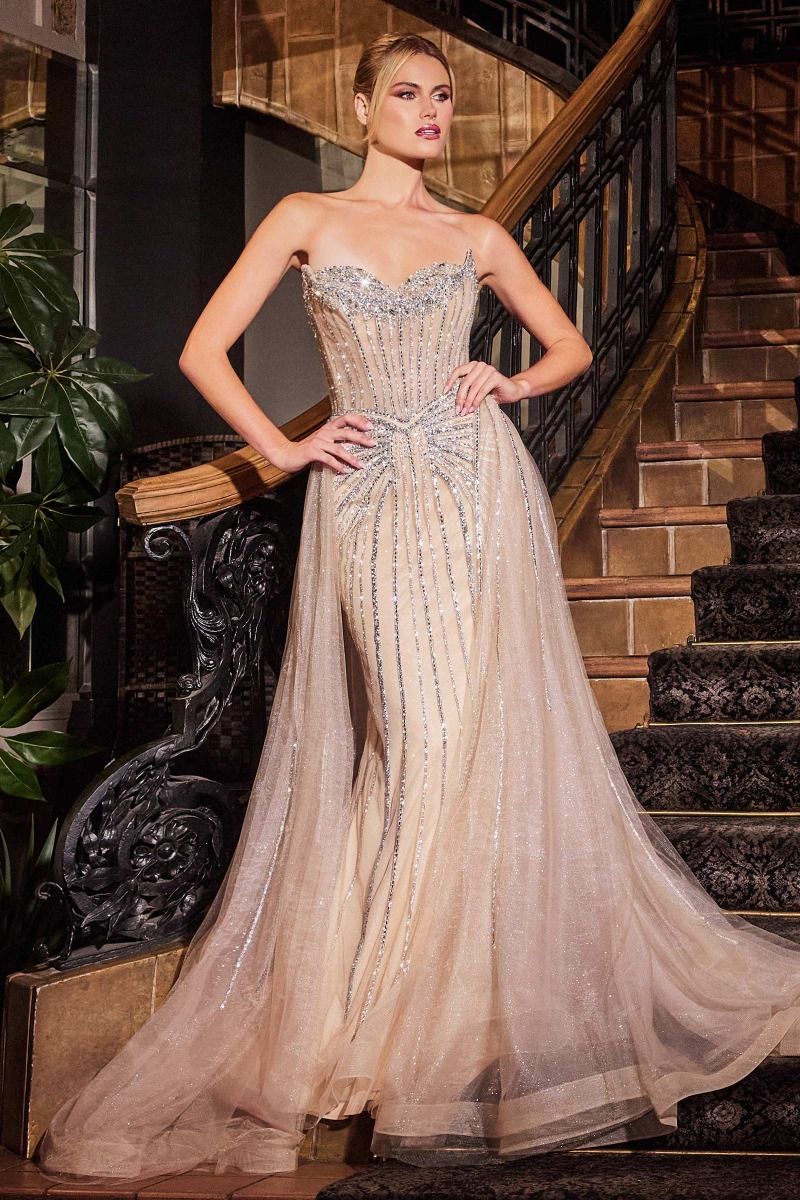 Strapless Crystal Embellished Gown With Overskirt-4