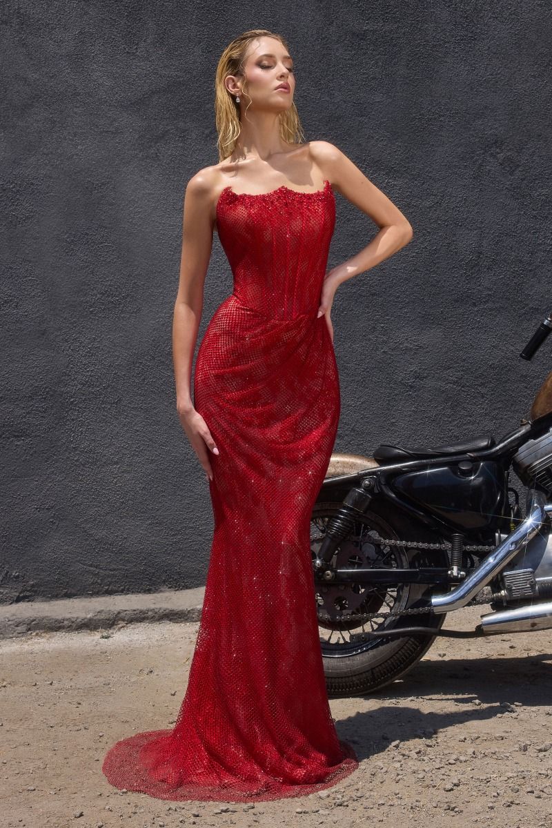 Fully Beaded Fitted Gown Strapless Scoop Neckline Mesh Overlay Slit-3