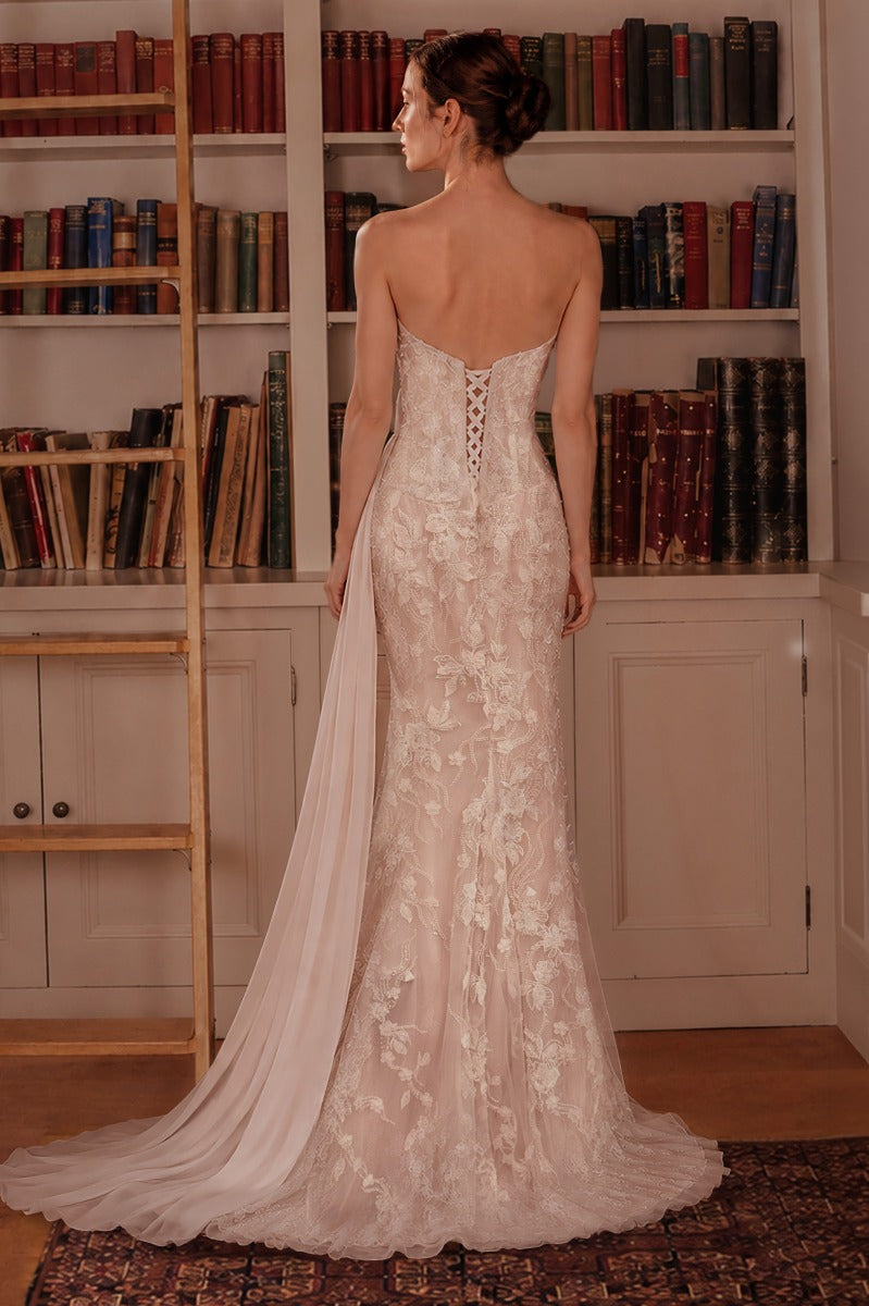 Romantic Lace and Beaded Fitted Bridal Gown with Draped Chiffon Train-1