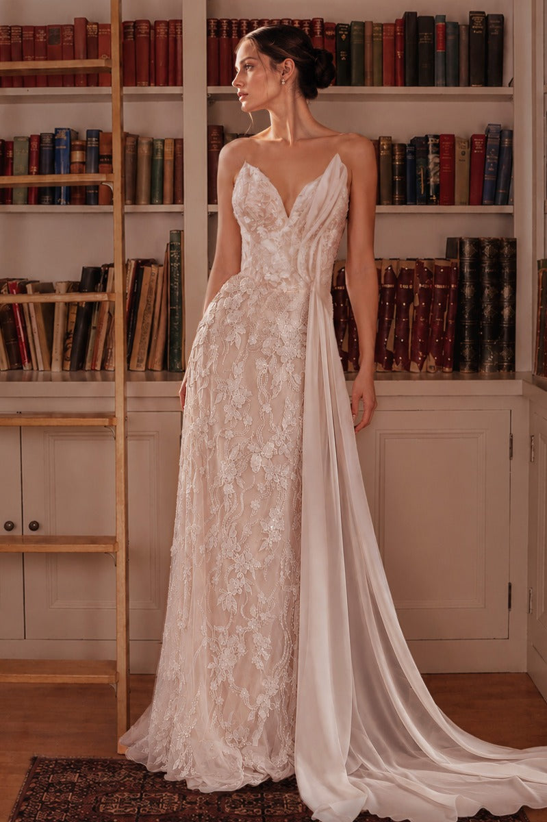 Romantic Lace and Beaded Fitted Bridal Gown with Draped Chiffon Train-0