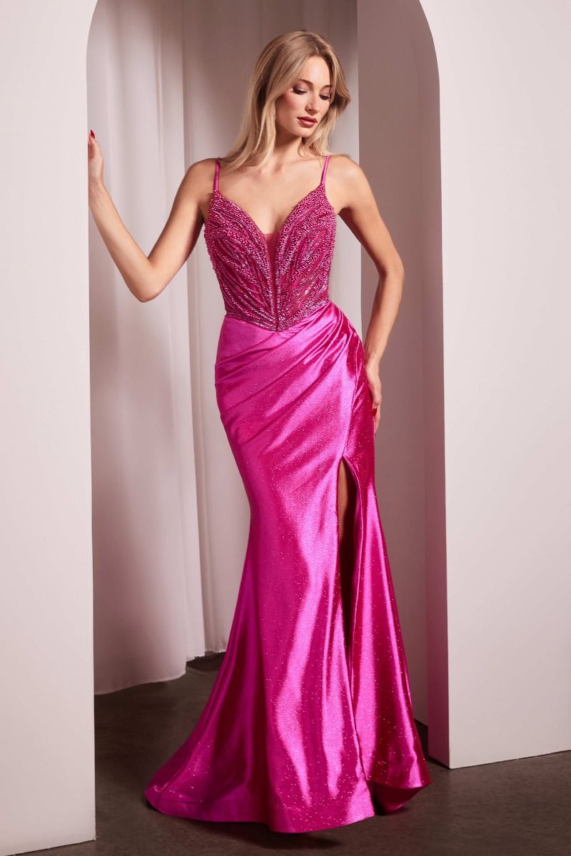 Pearl Embellished Stretch Satin Glimmering Gown-1