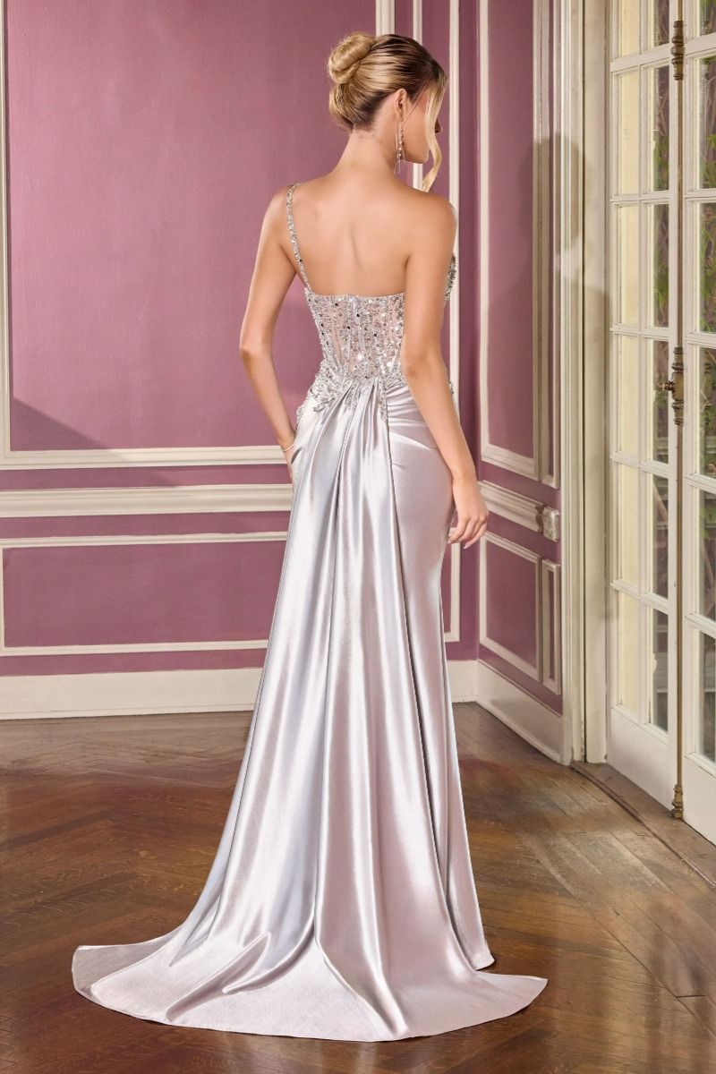 Fitted Dress Asymmetrical Neckline Illusion Beaded Bodice Ruched Satin Skirt Slit Sweep Train-2
