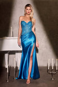 Strapless Crystal Corset Satin Gown with High Slit-0