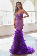 Feather Mermaid Gown with Beaded Corset Bodice-5