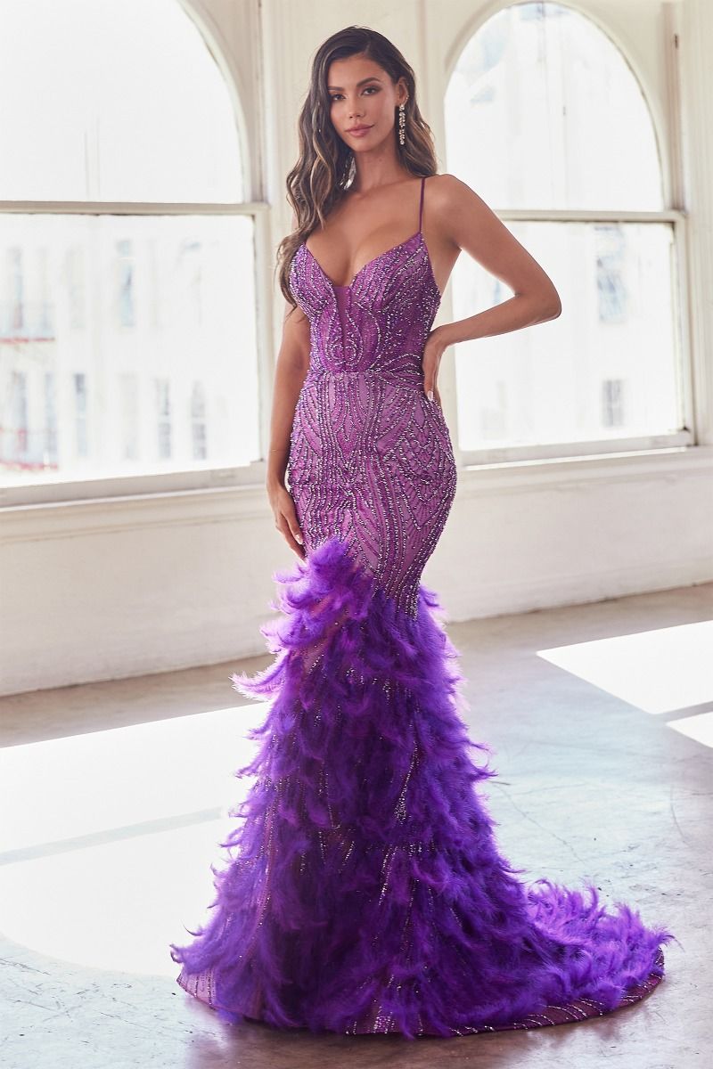 Feather Mermaid Gown with Beaded Corset Bodice-5