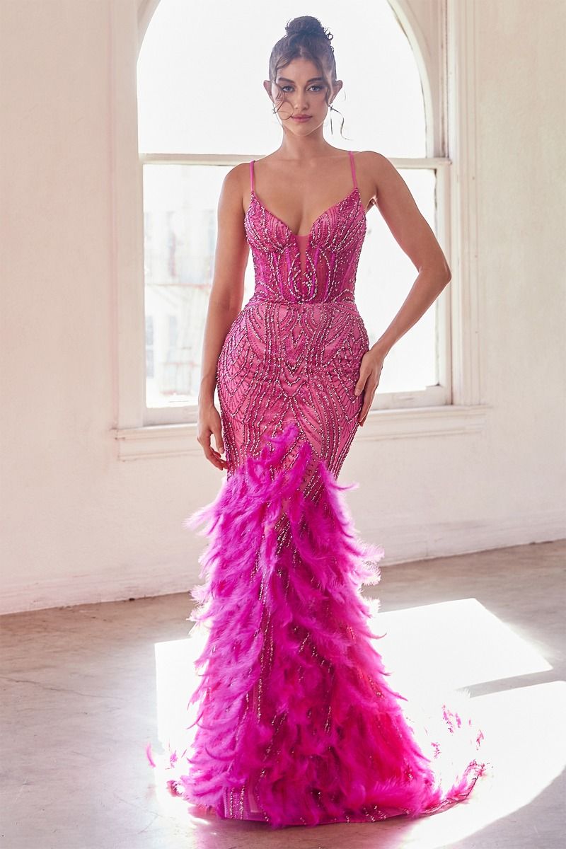 Feather Mermaid Gown with Beaded Corset Bodice-0