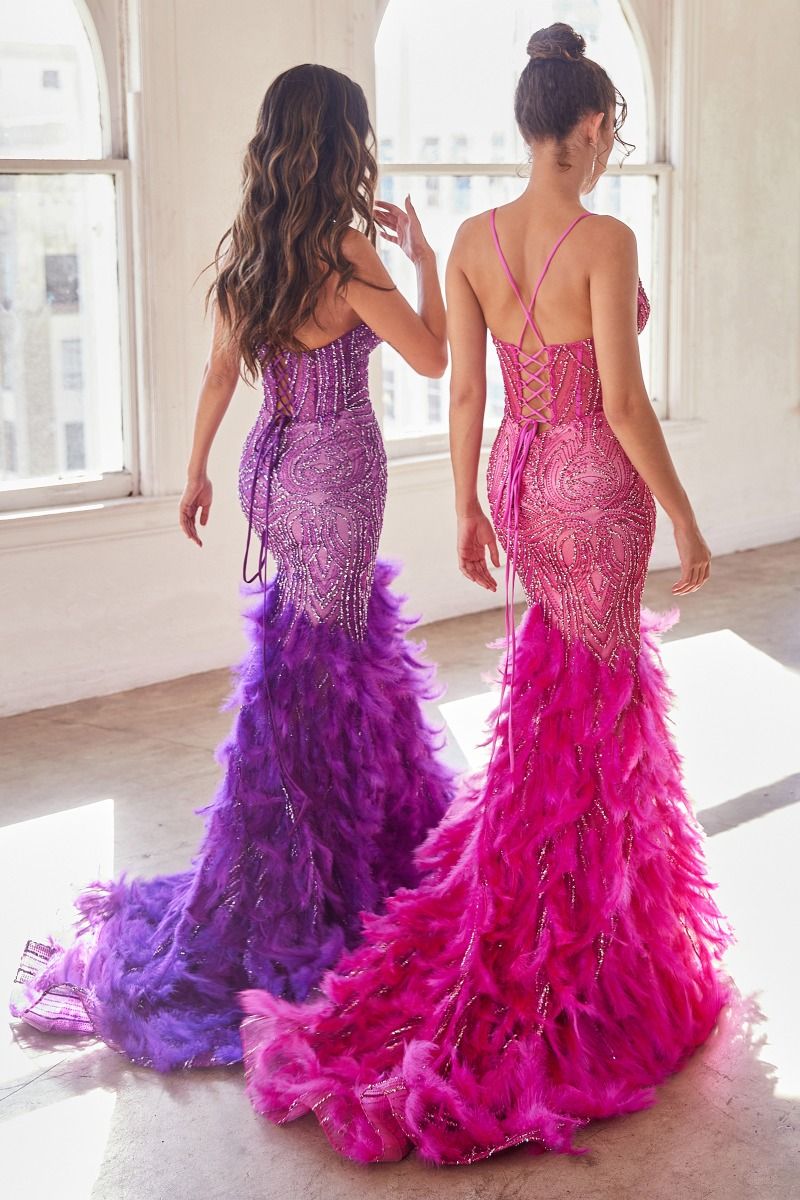 Feather Mermaid Gown with Beaded Corset Bodice-2