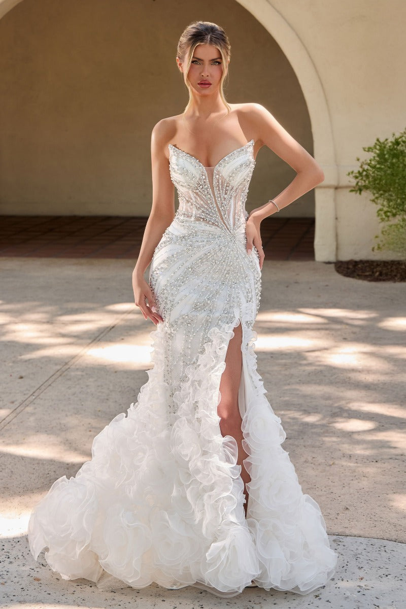 Couture Sparkle Mermaid Wedding Dress With Ruffled Organza Skirt & Corset Back-0