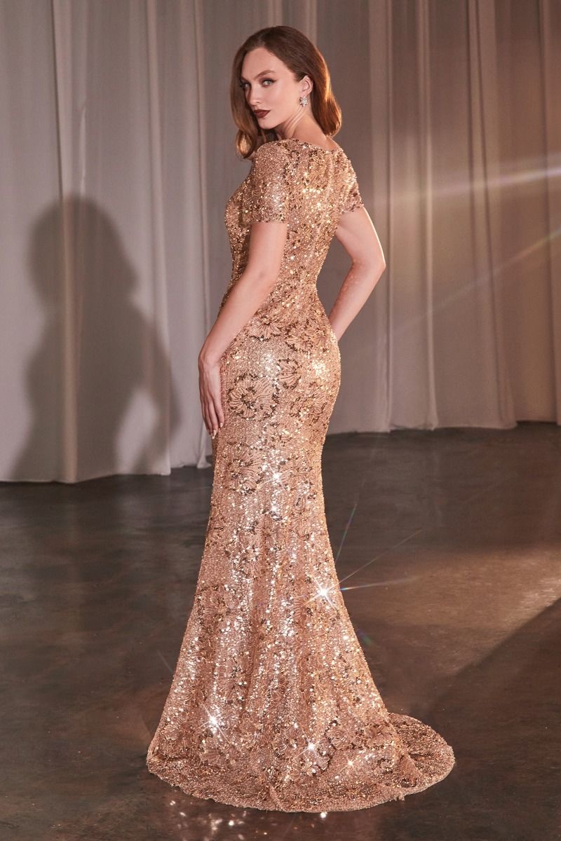 Rose Gold Floral Motif Sequin Fit & Flare Dress-2