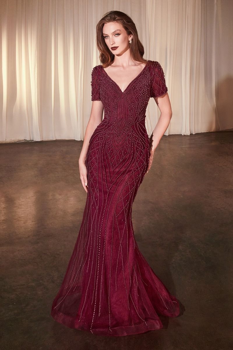 Short Sleeve Beaded Fit & Flare Gown-1
