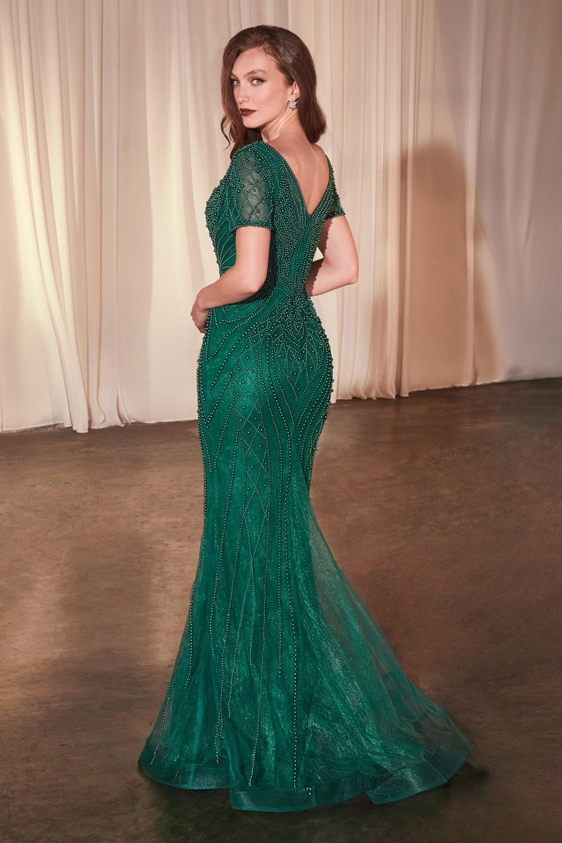 Short Sleeve Beaded Fit & Flare Gown-0