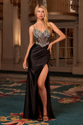 Silver Floral Beaded Illusion Corset Satin Slit Gown-5