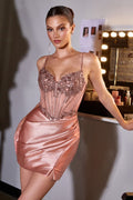 Rose Gold Beaded Corset Bodycon Mini Dress in Metallic Satin-0