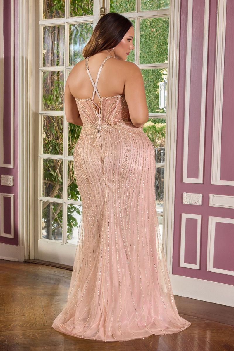 Beaded Halter Cutout Gown with Lace-Up Back and Mesh Overlay-1