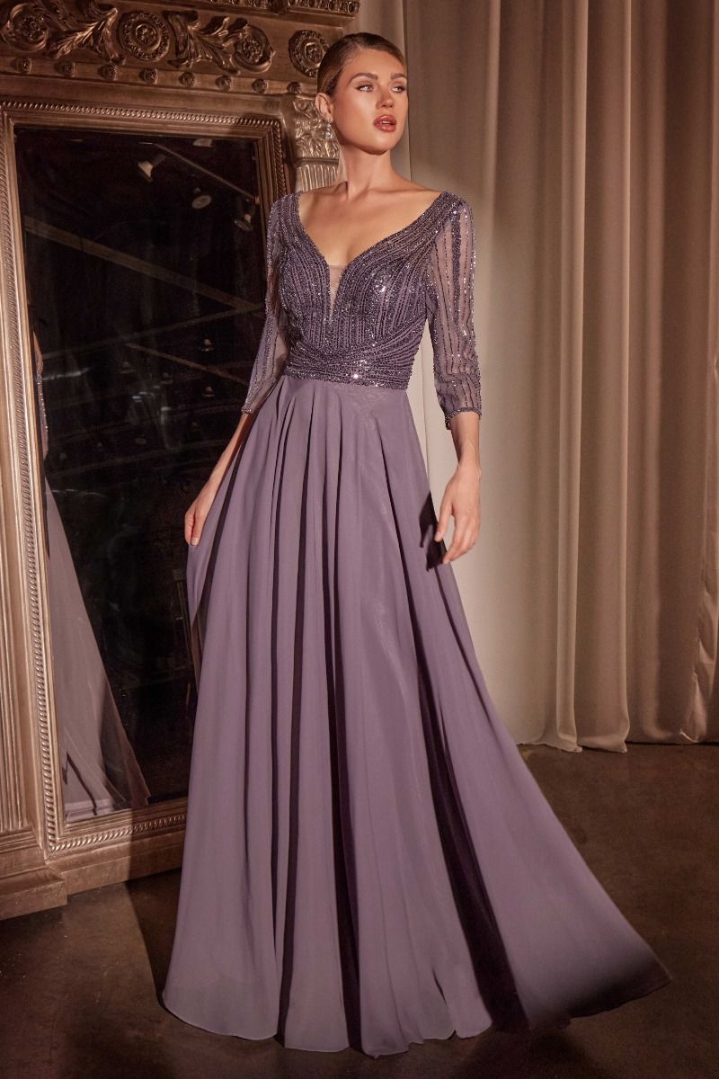 Three Quarter Sleeve Beaded Chiffon Dress-1