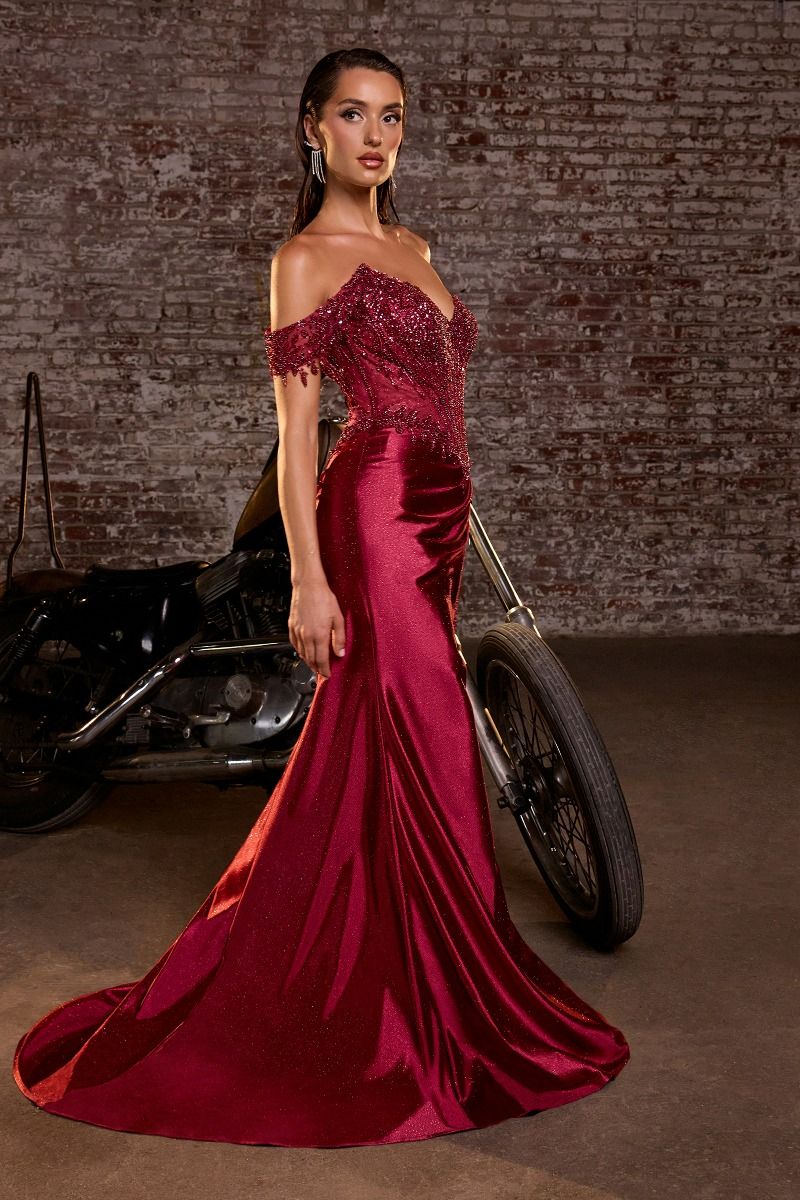 Off-The-Shoulder Fitted Gown Lace Corset Bodice Glitter Satin Skirt Slit-7