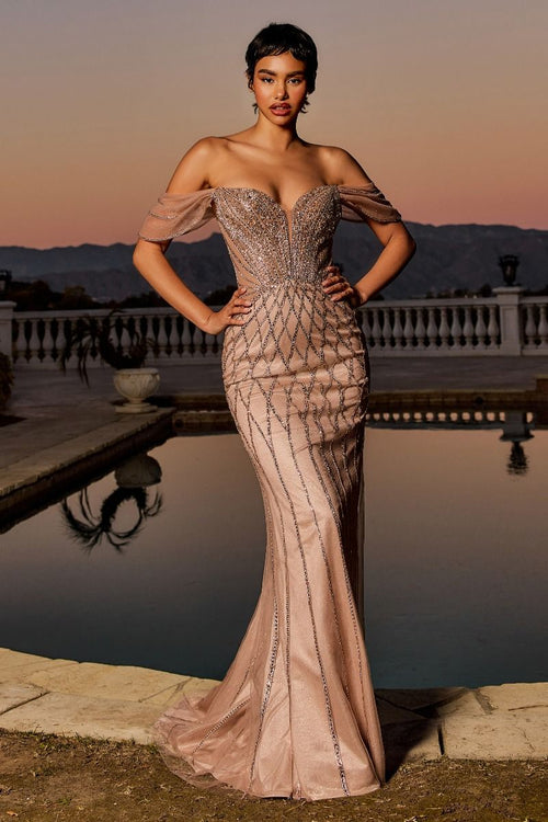 Beaded Off The Shoulder Mermaid Dress-0