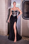 Lace Embroidered Beaded Corset Gown with Ruched Satin Slit-0