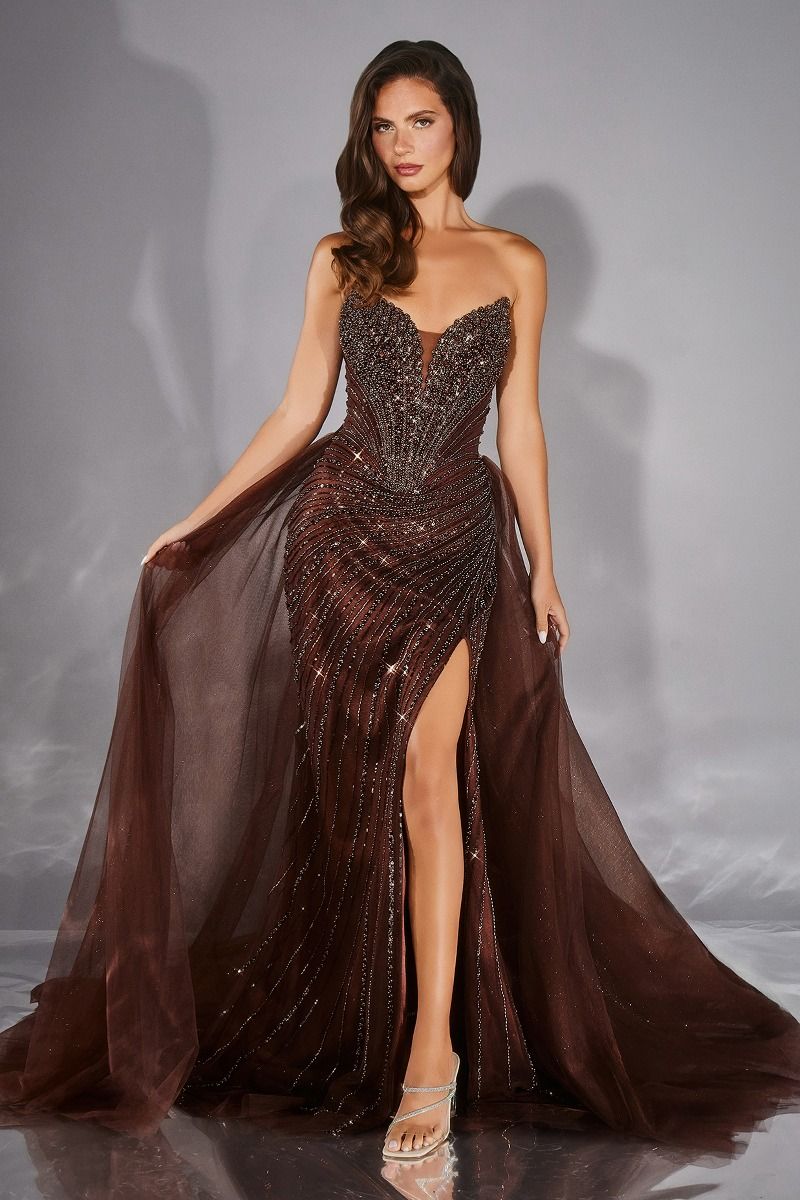 Strapless fitted dress sweetheart neckline sheer beaded corset slit detachable tulle overskirt-6
