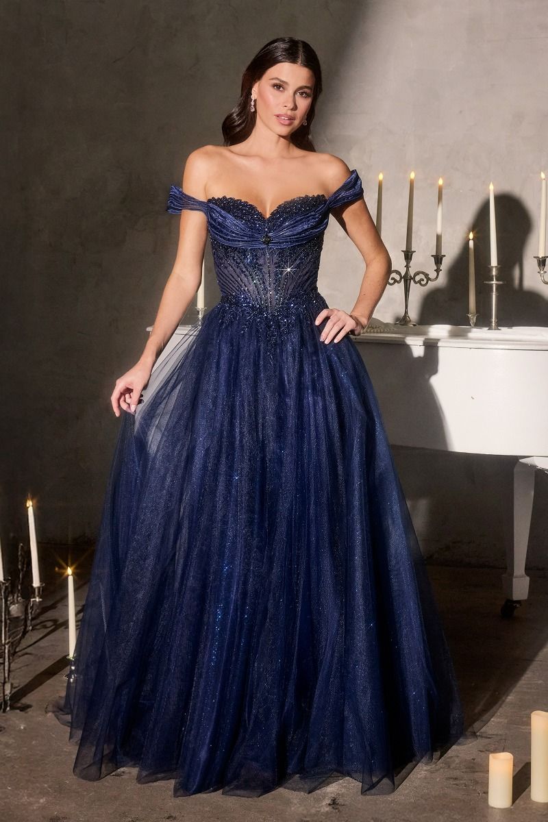 Ball Gown Off-The-Shoulder Neckline Draped Tulle Straps and a Fully Beaded Corset Bodice-4