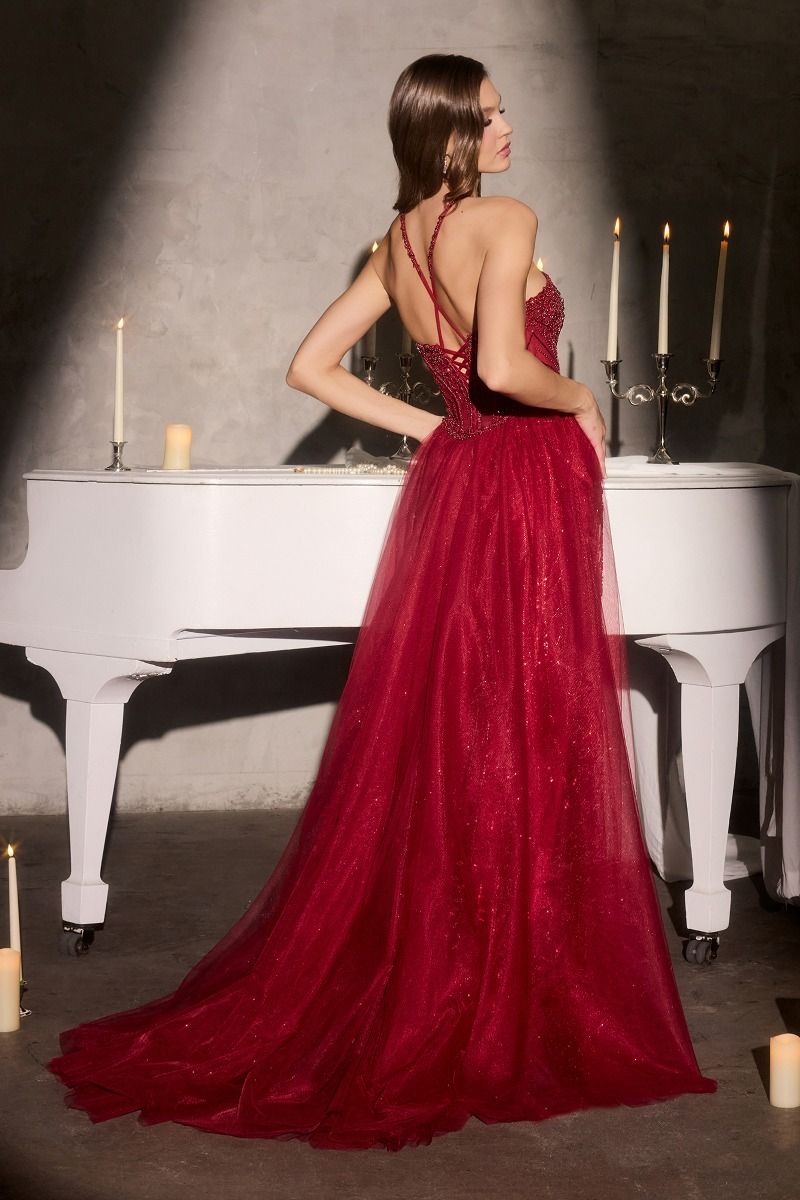 Fitted Dress Halter Neckline Crossover Beaded Bodice Sheer Corset Detachable Overskirt Train-4