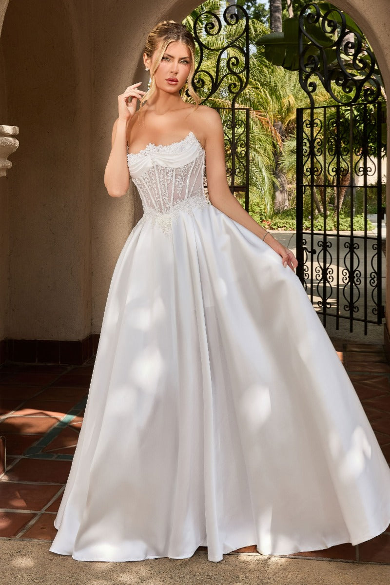 Romantic Mikado A-Line Wedding Gown With Sweetheart Corset & Lace Appliqué-3