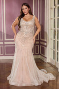 Beaded Mermaid Gown Scoop Neckline Crystal Embellishment Layered Tulle Skirt Curve-0