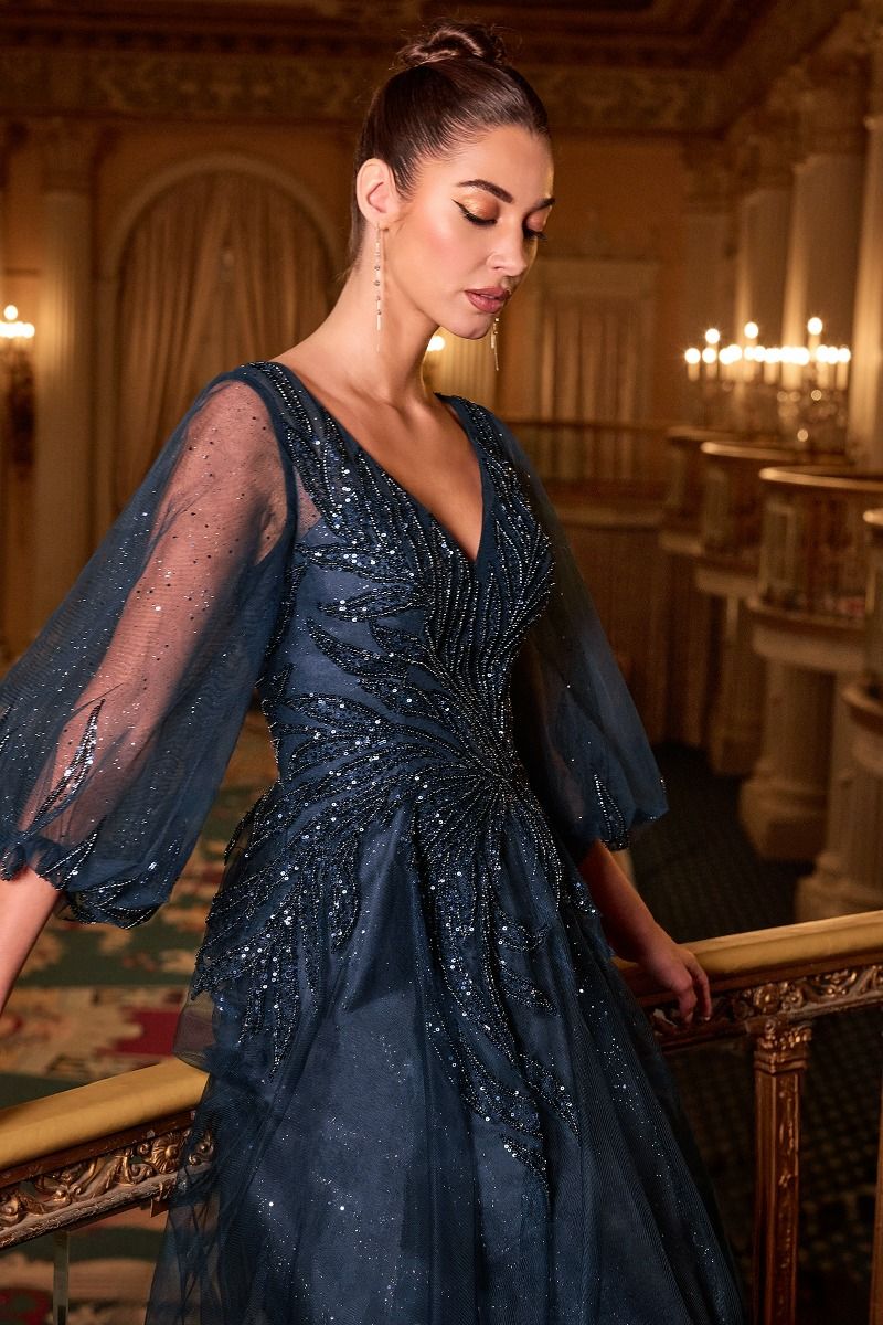 Long Sleeve A-Line Tulle Evening Gown with Embellished Appliqué Bodice-1