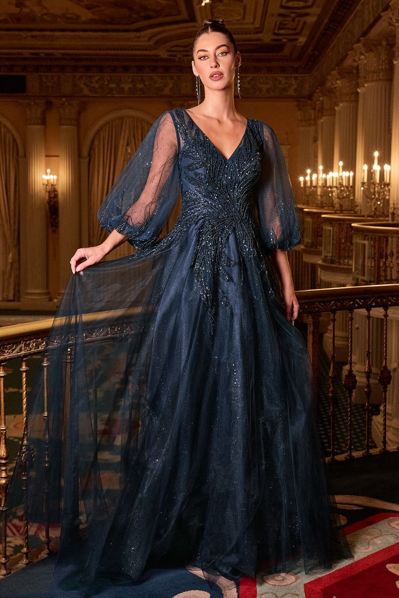 Long Sleeve A-Line Tulle Evening Gown with Embellished Appliqué Bodice-2