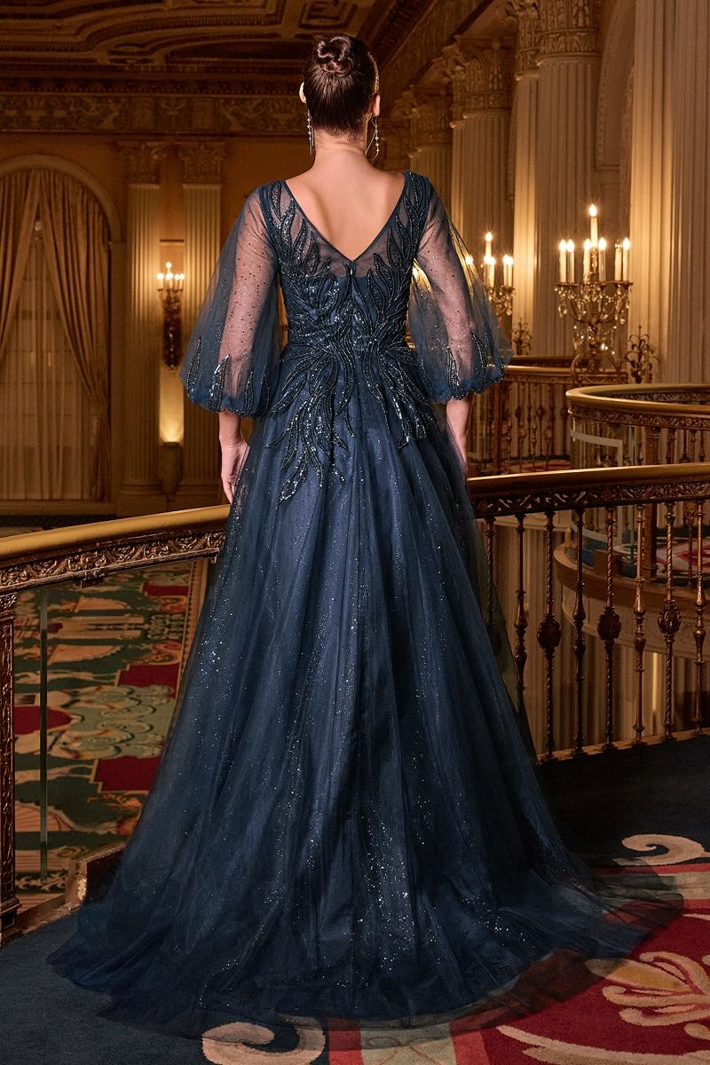 Long Sleeve A-Line Tulle Evening Gown with Embellished Appliqué Bodice-3