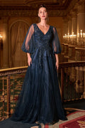 Long Sleeve A-Line Tulle Evening Gown with Embellished Appliqué Bodice-0