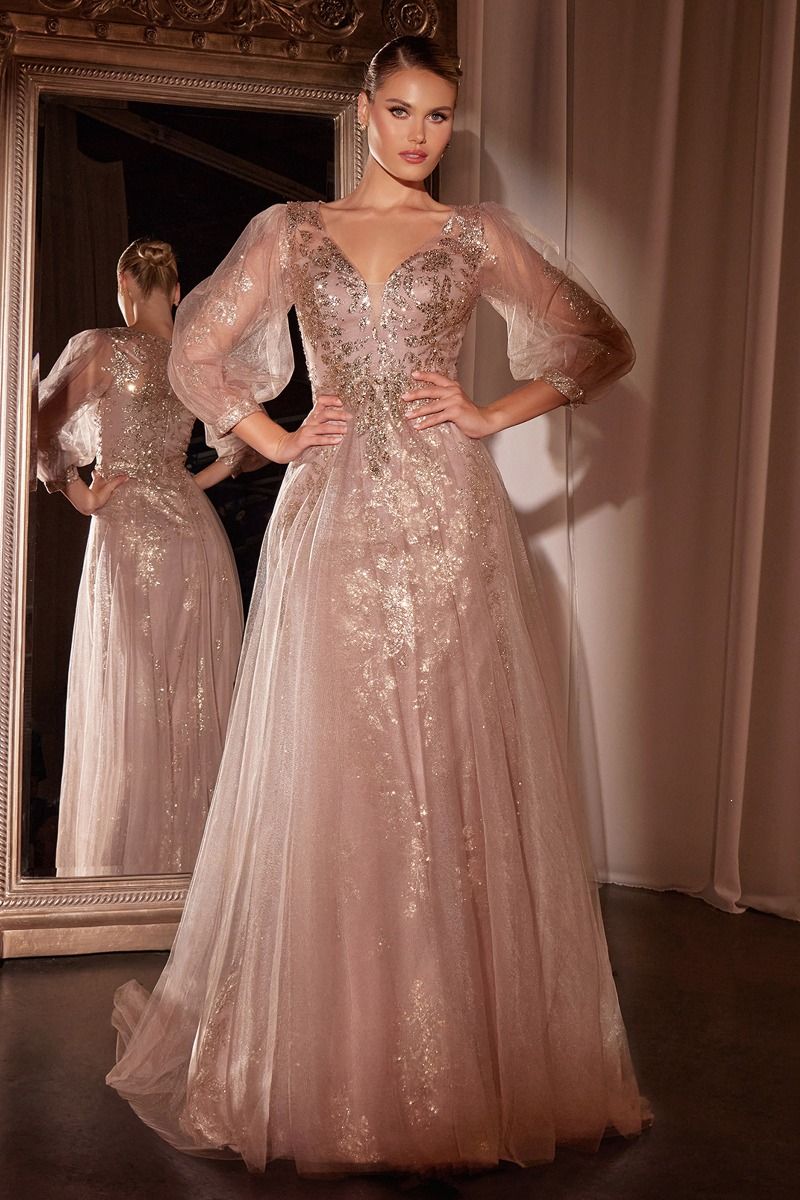 Long Sleeve Layered Tulle A-Line Gown-2