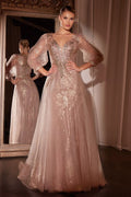 Long Sleeve Layered Tulle A-Line Gown-2