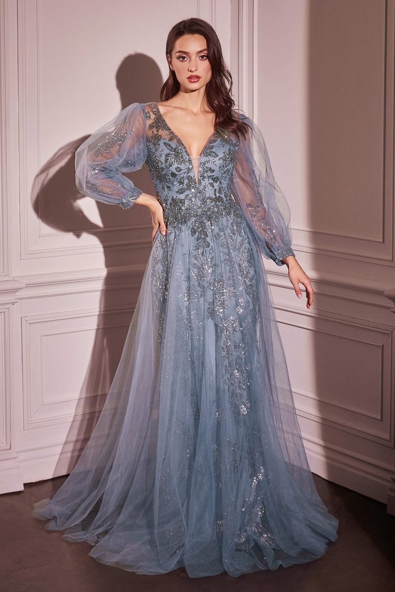 Long Sleeve Layered Tulle A-Line Gown-3